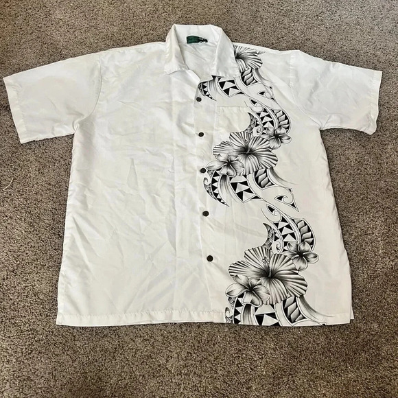 Makani Hawaii Shirt Mens Large White B&W Floral Microfiber Hawaiian Aloha Tribal - Picture 9 of 9
